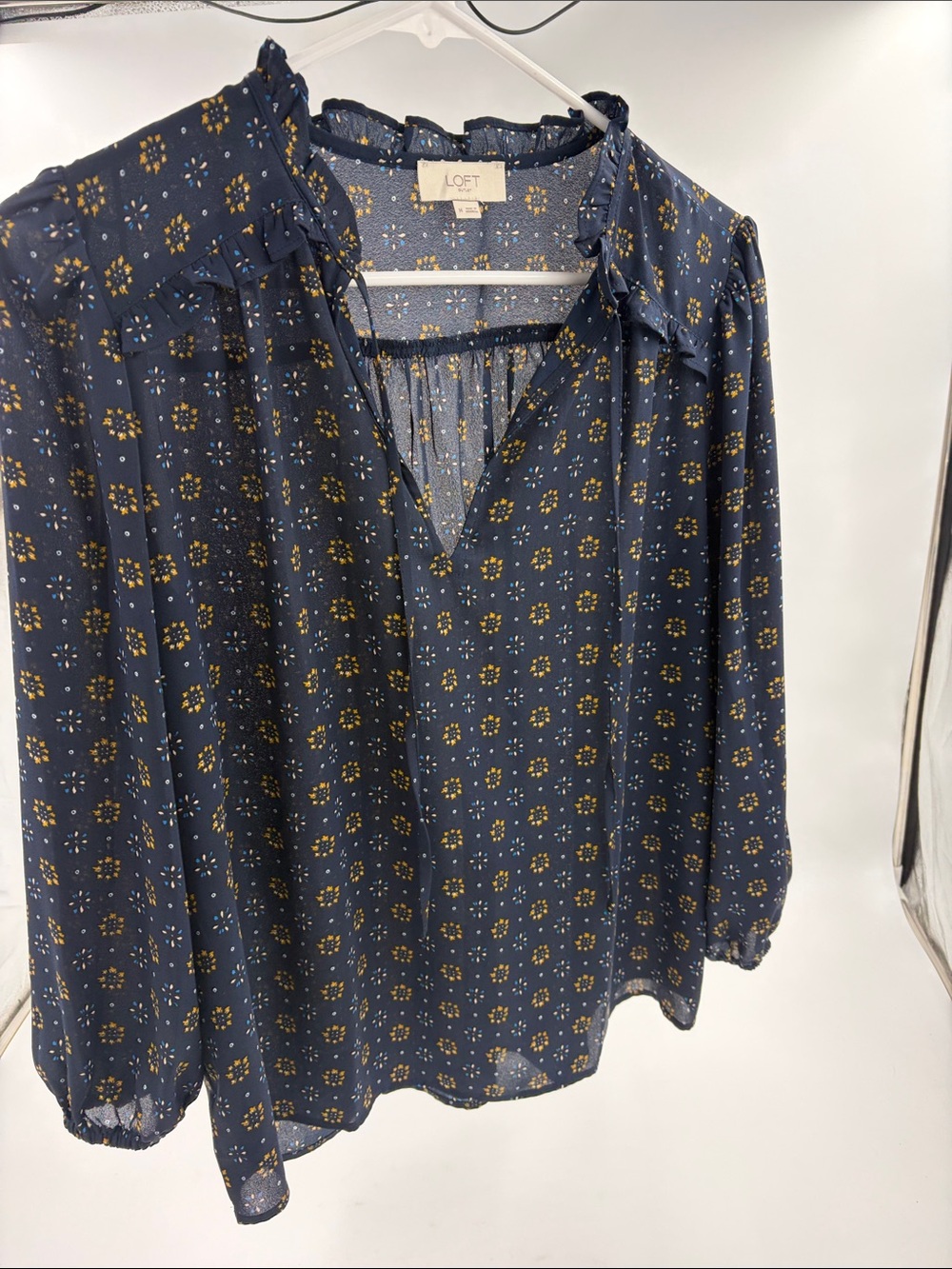 LOFT Navy and Yellow Floral Ruffle-Trim Blouse
